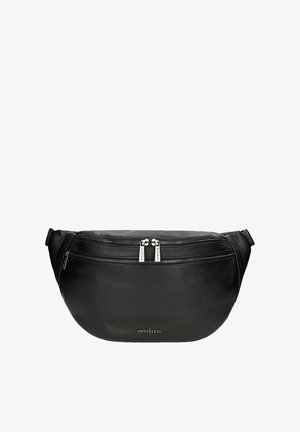 Borsa a cintura in pelle nera con due scomparti con zipper, texture liscia, forma arrotondata e logo impresso sul davanti.