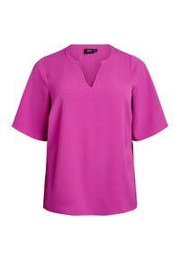 Fuchsia short-sleeve blouse with a V-neckline. Smooth texture and loose fit. Simple design, no patterns or additional embellishments.