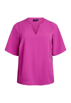 Blusa fucsia a maniche corte con scollatura a V. Tessuto morbido e vestibilità ampia. Design semplice, senza motivi o decorazioni aggiuntive.
