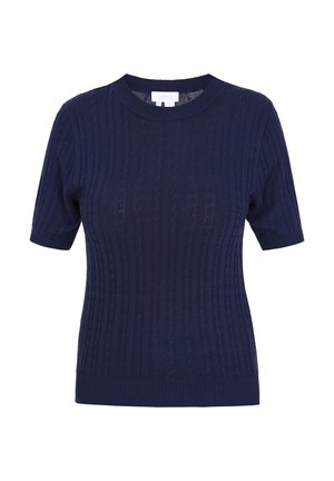 Mornarsko pleteno kratkodlako pulover s rebrasto teksturo, okroglo ovratnikom in oprijetim krojem. Jasno šivanje in subtilne podrobnosti vzorca.