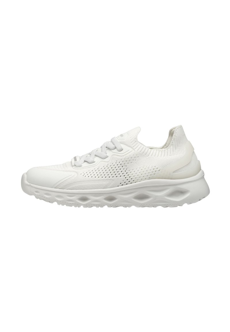 Baskets blanches avec tige en mesh respirant, design texturé, semelle légère et rembourrée avec des rainures en forme de diamant, et fermeture à lacets.