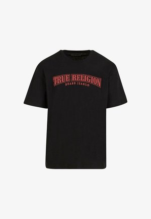 T-shirt en coton noir avec un logo rouge incurvé "TRUE RELIGION BRAND JEANS" sur la poitrine. Col rond classique et manches courtes.