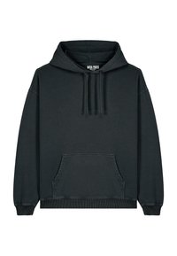 Felpa nera con cappuccio in cotone, dotata di tasca frontale, cappuccio con cordino, polsini e orlo a costine. Design semplice con vestibilità comoda.