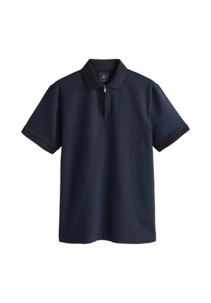 Polo a maniche corte blu navy con motivo testurizzato, apertura con zip e bordo di colletto e polsini a contrasto in tonalità più scura.
