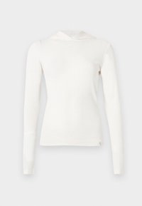 Λευκή μπλούζα μακρυμάνικη με ριμπ ύφανση και στερεωμένη κουκούλα. Απαλή υφή, εφαρμοστή σχεδίαση και διακριτικές ραφές στη ρίγα και τις μανσέτες.