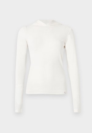 Λευκή μπλούζα μακρυμάνικη με ριμπ ύφανση και στερεωμένη κουκούλα. Απαλή υφή, εφαρμοστή σχεδίαση και διακριτικές ραφές στη ρίγα και τις μανσέτες.