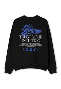 Black sweatshirt featuring blue eye graphic and text "TRUST YOUR INTUITION." Includes phases of the moon in blue below text.