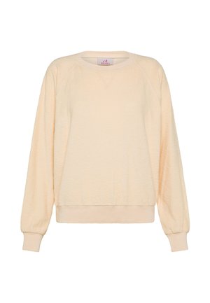 Cream-colored long-sleeve crewneck sweatshirt with ribbed cuffs and hem, featuring a soft, textured fabric and a small stitched detail below the collar.