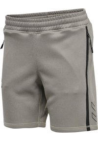 Jasnoszare szorty sportowe z elastycznym pasem, bocznymi kieszeniami na zamek błyskawiczny oraz czarnym paskiem z logo po prawej stronie.