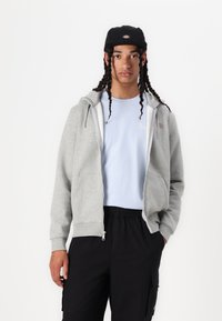 Hanorac gri cu fermoar și glugă cu șnur, purtat cu un tricou albastru deschis și pantaloni cargo negri. Logo-ul de pe piept și buzunarele laterale sunt vizibile.