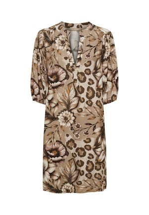 Beige knælang kjole med trekvartlange ærmer, V-hals og blomster- og leopardprint i brune og cremefarver.