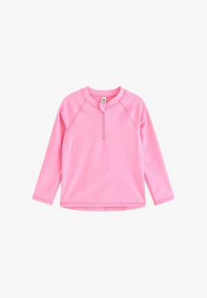 Pullover rosa a maniche lunghe con cerniera corta frontale e scollo rotondo, mostrato steso su sfondo bianco.