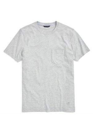Grijze katoenen T-shirt met een ronde hals, korte mouwen en een linker borstzak. De stof heeft een gladde textuur en een subtiele rek.