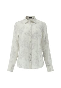 Camicia bianca leggermente strutturata con un delicato motivo floreale e farfalle grigie, apertura con bottoni e maniche lunghe.