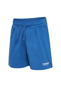 Blå sportshorts i mjuk tyg, med elastisk midja och dragsko samt sidofickor; märkeslogotyp i vitt vid fållen.