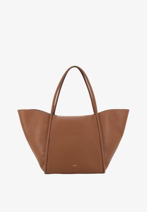 Braune Leder-Shopper-Tasche mit breiten Seiten, zwei Griffen und kleinem goldfarbenem "abro"-Logo in der Mitte vorne.
