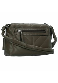 Gepolsterte olivgrüne Kunstleder-Crossbody-Tasche mit einer Reißverschlusstasche an der Vorderseite und einem verstellbaren Tragegurt. Verfügt über eine glatte Textur und rechteckige Form.
