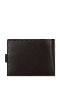 Portafoglio in pelle marrone con una superficie liscia, forma rettangolare e cuciture minime. Presenta una fessura laterale per un facile accesso.