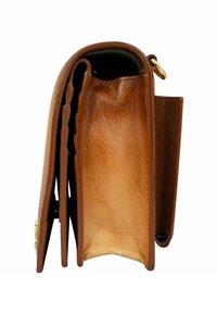 Bruine leren portemonnee met een gestructureerd oppervlak, meerdere compartimenten en een gouden hardwareaccent. Gesloten view toont een afgeronde bovenkant.