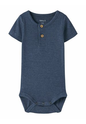 Kurzärmliger, gerippter Baby-Body in Marineblau mit zwei Holzknöpfen auf der Brust und Druckknöpfen am unteren Saum.