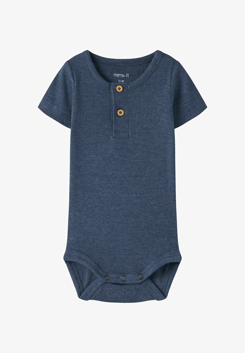 Body pour bébé bleu marine à manches courtes en tissu côtelé, avec deux boutons en bois sur la poitrine et des pressions à l'entrejambe.