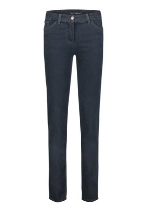 Jeans in denim blu scuro con vestibilità slim, dotati di cinque tasche, chiusura con cerniera e bottone. Cuciture classiche lungo le cuciture.
