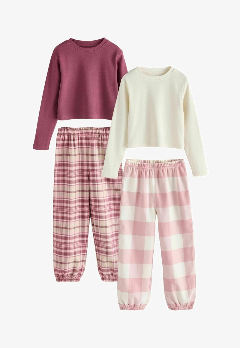 Trojdielny súprava na domáce nosenie: rebrovaný vínový crop top, biely rebrovaný crop top, nohavice s ružovým kockovaným a prúžkovaným vzorom s elastickými manžetami.
