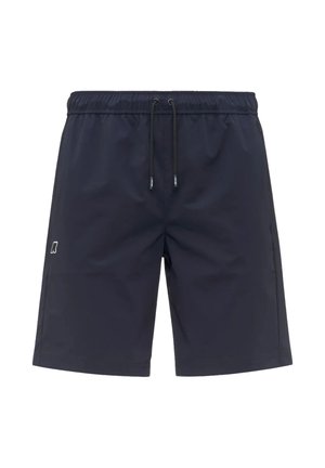 Costume da bagno da uomo blu navy con vita elastica, coulisse nera, tasche laterali e piccolo logo bianco sulla gamba sinistra.