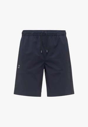 Costume da bagno da uomo blu navy con vita elastica, coulisse nera, tasche laterali e piccolo logo bianco sulla gamba sinistra.