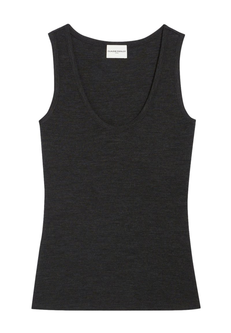 Zwart, mouwloos tanktop met een diepe, ronde halslijn, gemaakt van een zachte, gestructureerde stof. Aansluitende silhoeët en een strakke vormgeving.