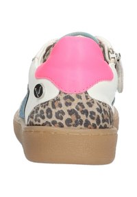 White leather sneaker with a pink accent, leopard print heel, light blue side panel, and a tan rubber sole. Features a metallic logo detail.
