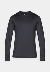 Black long-sleeve shirt with a round neckline. Made of smooth, lightweight fabric featuring flatlock seams and a small logo on the hem.