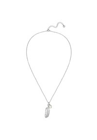 Sidzina sudraba ķēde, kurā ir detalizēts spalvu piekariņš un neliels apaļš akcents. Dizains ir delikāts ar gludu tekstūru.