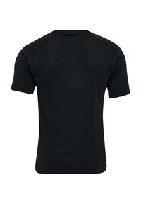 Zwart t-shirt met korte mouwen en een ronde hals, gemaakt van een gladde, stretch stof. Heeft raglanmouwen en een effen achterkant.