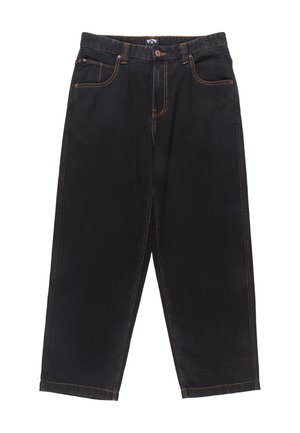 Black straight-leg jeans with orange stitching, five pockets, belt loops, and a button closure at the waist.