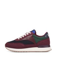 Maroon and black sneakers with mesh accents, white laces, and contrasting green and blue details. Features a rubber sole and logo on heel.