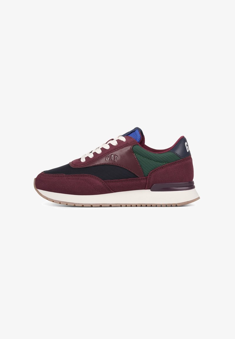 Maroon and black sneakers with mesh accents, white laces, and contrasting green and blue details. Features a rubber sole and logo on heel.