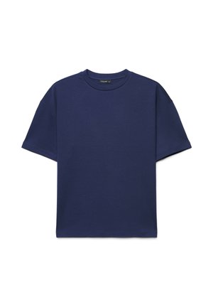 Marineblaues T-Shirt mit kurzem Ärmel, Rundhalsausschnitt, lockerem Sitz und dezenten Nahtdetails vor weißem Hintergrund.