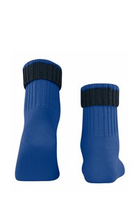 Calzini blu con un design a coste e polsino nero. Il materiale ha una consistenza liscia e la forma è standard per calzini alla caviglia.