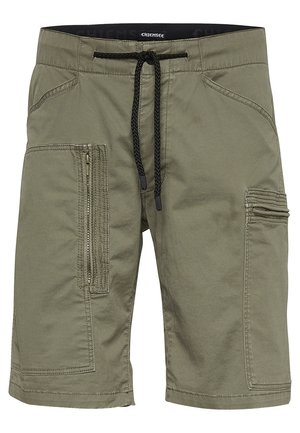 Khakifarbene Cargo-Shorts mit Kordelzugbund, mehreren Reißverschluss- und aufgesetzten Taschen sowie einer lockeren Passform. Hergestellt aus strapazierfähigem Stoff.