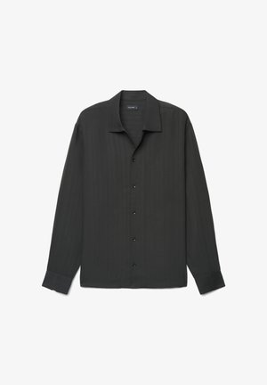 Black long-sleeve button-up shirt with pointed collar and buttoned cuffs, displayed flat on a white background.