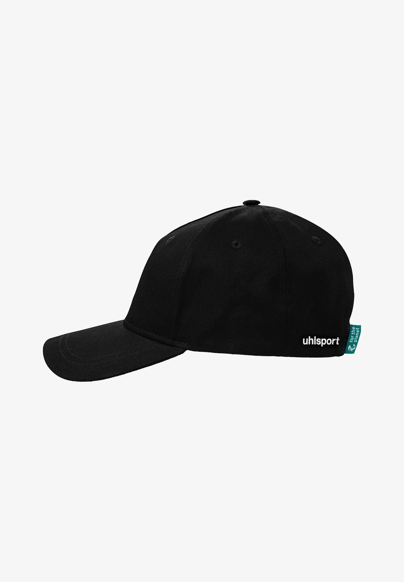 Black baseball cap with a curved visor. Made of fabric, features a small green tag and white "uhlsport" logo on the side.