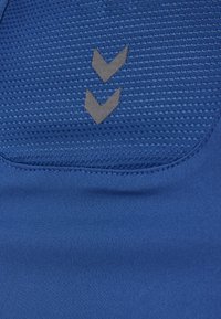 Blauer Sportstoff mit strukturiertem Muster; besitzt zwei graue nach unten zeigende Chevron-Muster. Glatt mit leichtem Glanz; entworfen für Sportbekleidung.