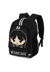 Mochila de tela negra con una ilustración de un personaje de dibujos animados y el texto "MIÉRCOLES". Tiene dos rayas blancas en la parte superior y bolsillos laterales de malla.