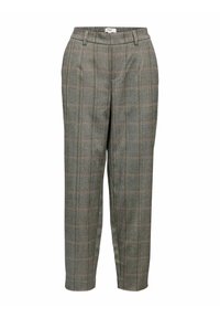 Pantalons à carreaux gris avec une coupe décontractée, présentant un motif à carreaux subtil, des passants de ceinture et une finition en tissu texturé.