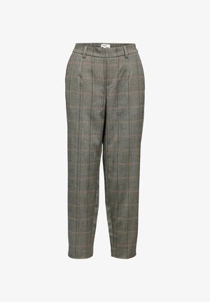 Pantaloni grigi a quadri con una vestibilità rilassata, caratterizzati da un delicato motivo a check, passanti per cintura e una finitura in tessuto testurizzato.