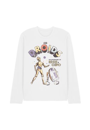 Weißes Langarmhemd mit buntem "DROIDS"-Text und Abbildungen der Star Wars Droiden C-3PO und R2-D2 unter dem Text.