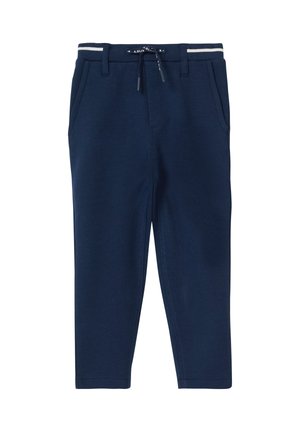 Navyblaue Kinder-Sweatpants mit elastischem Bund, weißen Streifen, Kordelzug und seitlichen Taschen.