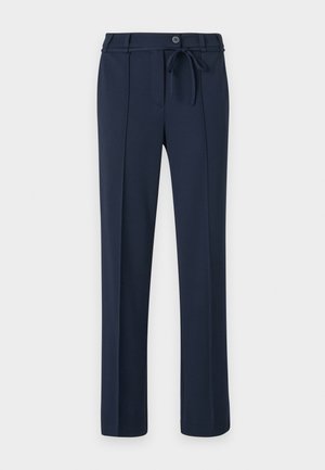Pantalon marine en tissu lisse, avec une taille à cordon de serrage, des plis avant et une coupe droite. Sans poches ni motifs distincts.