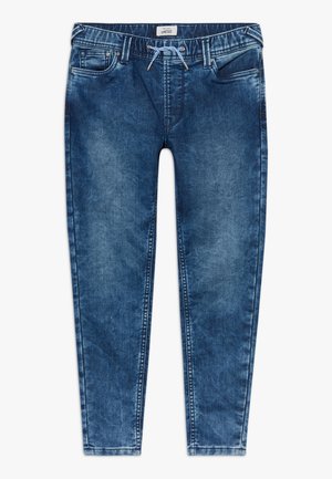 Jean en denim bleu avec cordon de serrage, cinq poches, passants pour ceinture et détails délavés, présenté à plat sur un fond blanc.